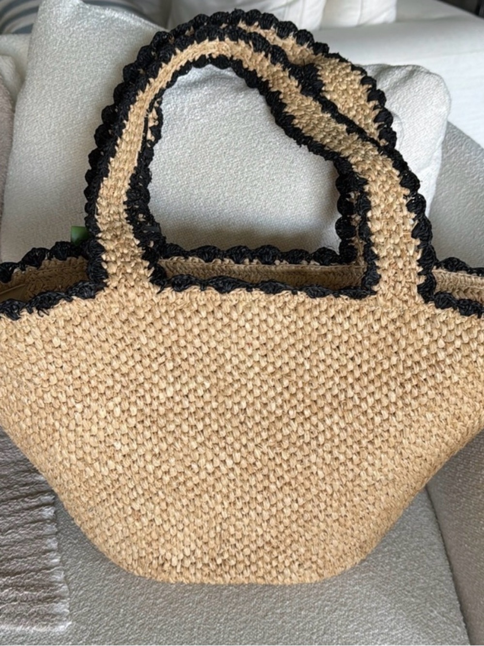 kate spade natural straw tote with black trim and bow - Picture 2 of 3